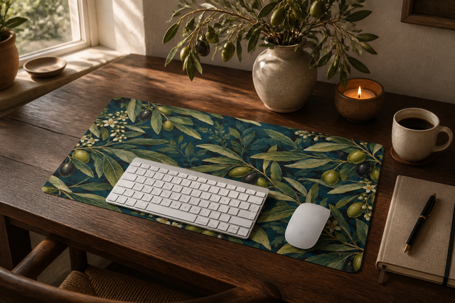 Vintage Olive Branch Desk Mat on a walnut desk